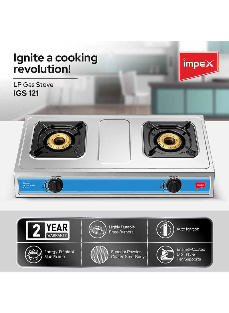 Impex - 2-Burner Stainless Steel Gas Stove - Stainless Steel, Auto Ignition, High-Efficiency Blue Flame, Spill-Proof Design with Enameled Water Tray for Clean and Easy Cooking IGS 121 Silver/Black/Red - Image 1