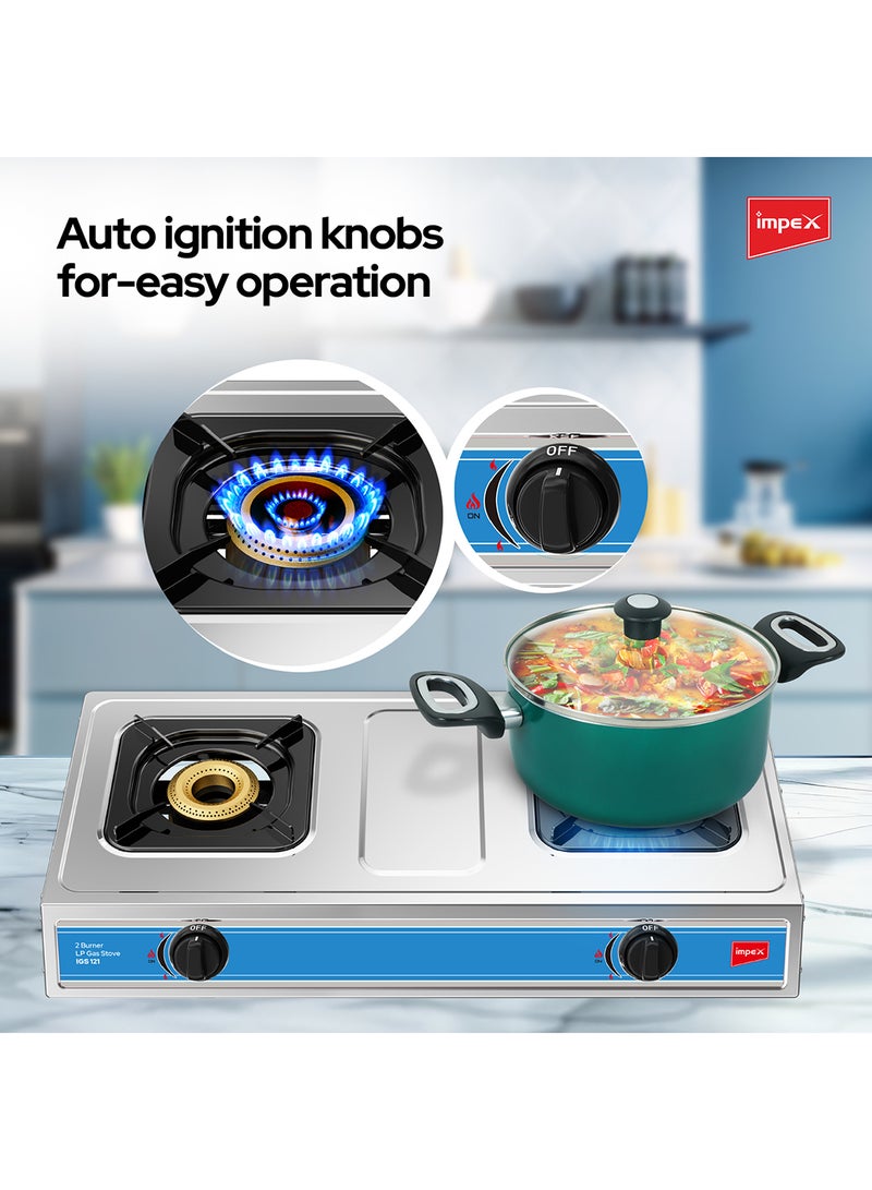 Impex - 2-Burner Stainless Steel Gas Stove - Stainless Steel, Auto Ignition, High-Efficiency Blue Flame, Spill-Proof Design with Enameled Water Tray for Clean and Easy Cooking IGS 121 Silver/Black/Red - Image 1