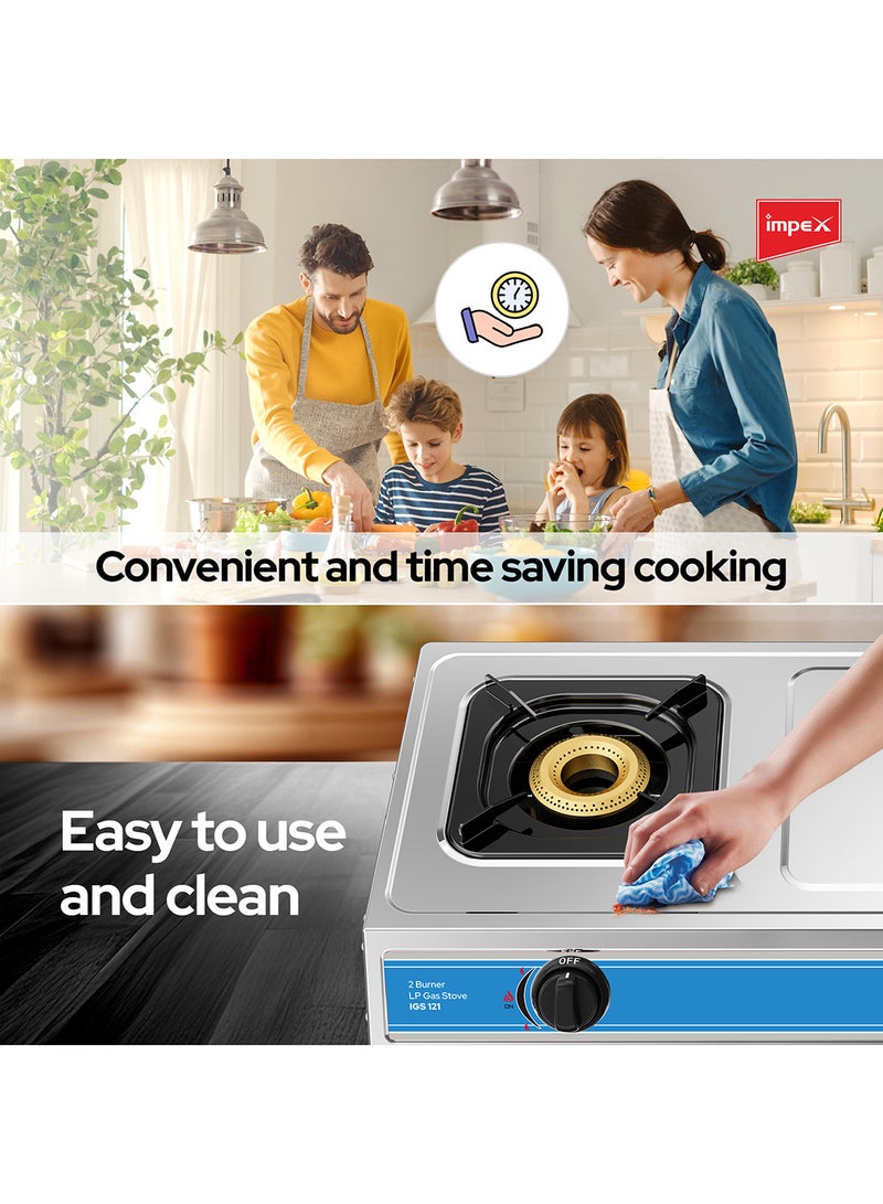 Impex - 2-Burner Stainless Steel Gas Stove - Stainless Steel, Auto Ignition, High-Efficiency Blue Flame, Spill-Proof Design with Enameled Water Tray for Clean and Easy Cooking IGS 121 Silver/Black/Red - Image 1
