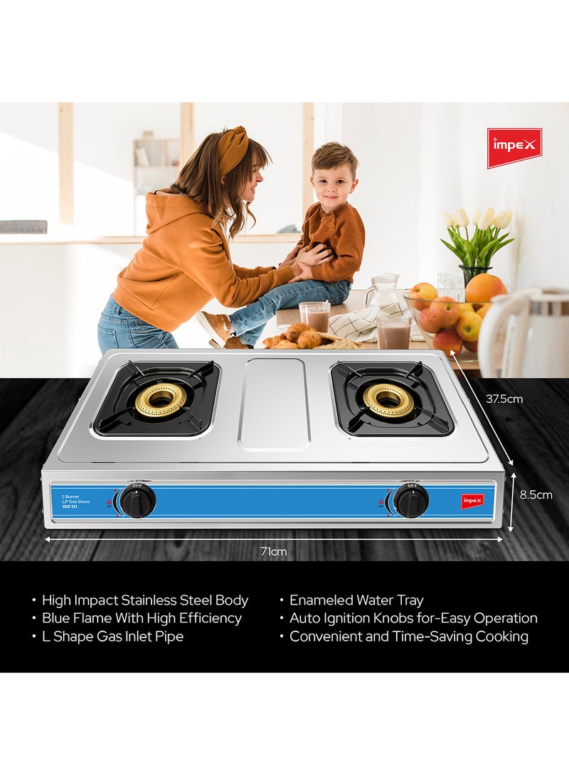 Impex - 2-Burner Stainless Steel Gas Stove - Stainless Steel, Auto Ignition, High-Efficiency Blue Flame, Spill-Proof Design with Enameled Water Tray for Clean and Easy Cooking IGS 121 Silver/Black/Red - Image 1