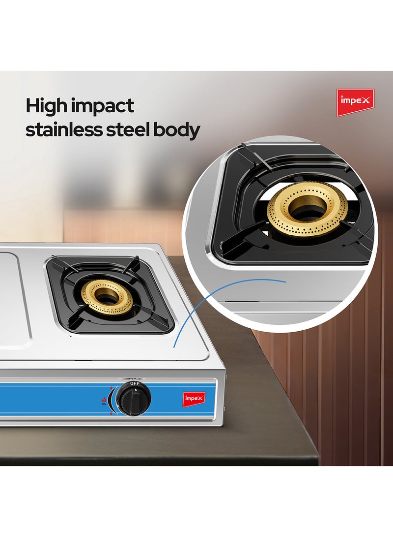 Impex - 2-Burner Stainless Steel Gas Stove - Stainless Steel, Auto Ignition, High-Efficiency Blue Flame, Spill-Proof Design with Enameled Water Tray for Clean and Easy Cooking IGS 121 Silver/Black/Red - Image 1