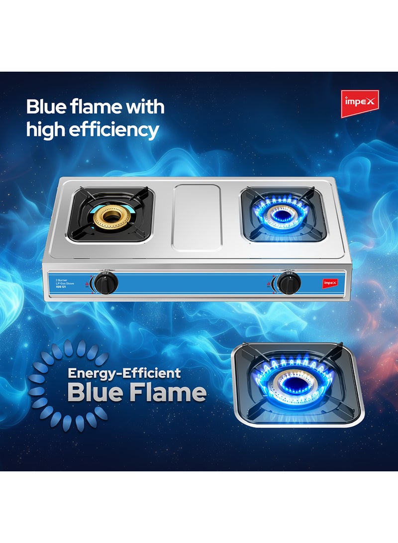 Impex - 2-Burner Stainless Steel Gas Stove - Stainless Steel, Auto Ignition, High-Efficiency Blue Flame, Spill-Proof Design with Enameled Water Tray for Clean and Easy Cooking IGS 121 Silver/Black/Red - Image 1