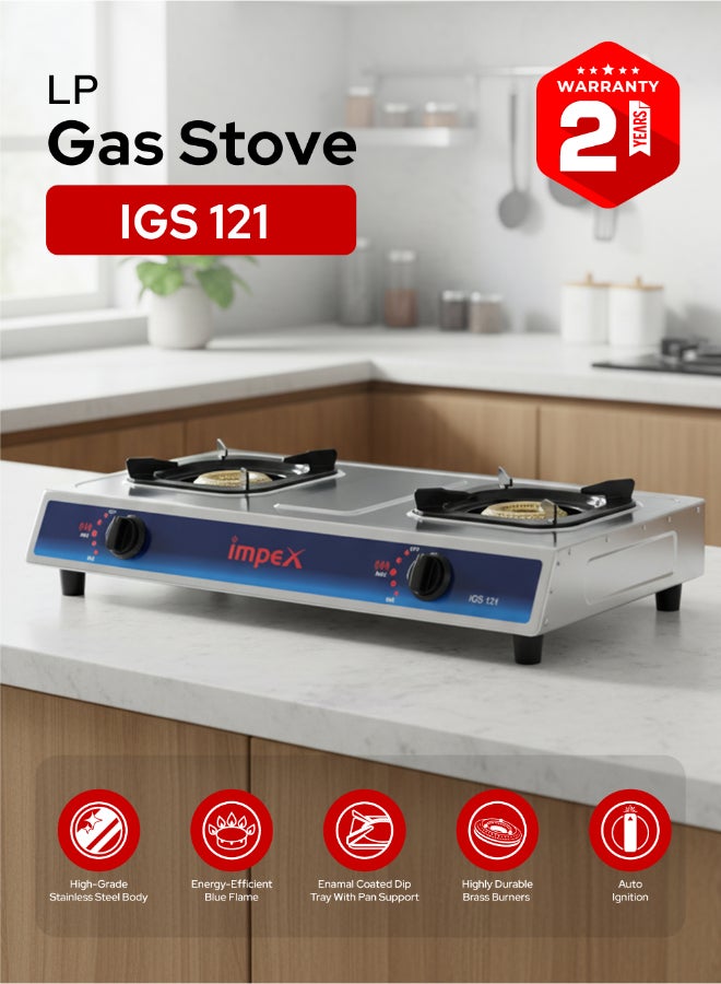 Impex 2-Burner Stainless Steel Gas Stove - Stainless Steel, Auto Ignition, High-Efficiency Blue Flame, Spill-Proof Design with Enameled Water Tray for Clean and Easy Cooking IGS 121 Silver/Black/Red - Image 1