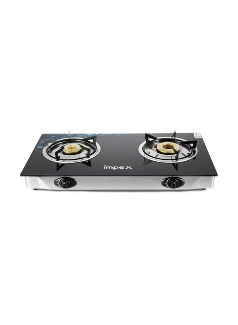 2-Burner Glass Top Gas Stove - Aesthetically Designed Glass Top, High-Efficiency Blue Flame, Spill Tray, Ergonomic Knobs, Stainless Steel Screw, Compact Size IGS 1212F Black/Silver