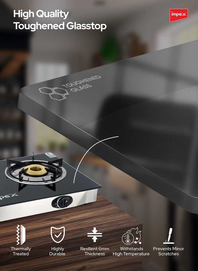 Impex - 2-Burner Glass Top Gas Stove - Aesthetically Designed Glass Top, High-Efficiency Blue Flame, Spill Tray, Ergonomic Knobs, Stainless Steel Screw, Compact Size IGS 1212F Black/Silver - Image 1