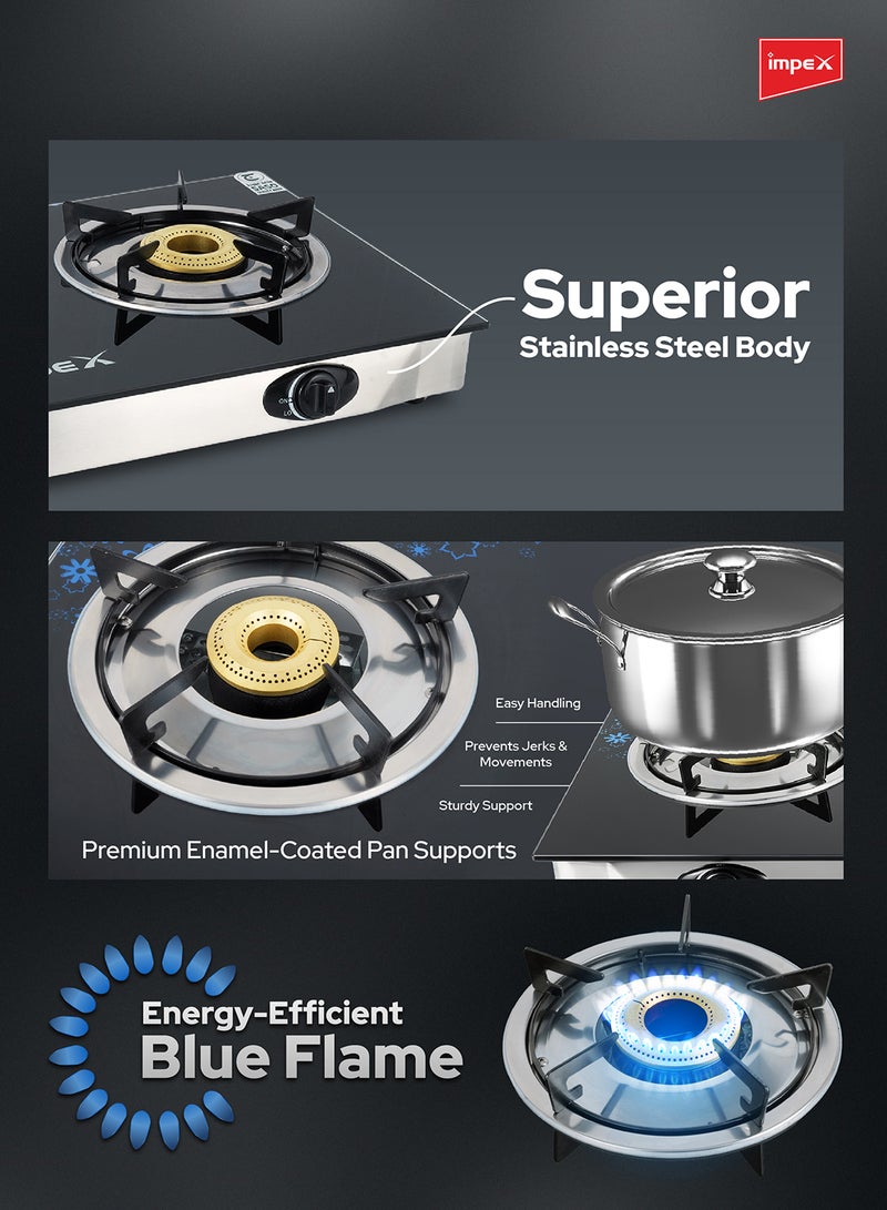 Impex - 2-Burner Glass Top Gas Stove - Aesthetically Designed Glass Top, High-Efficiency Blue Flame, Spill Tray, Ergonomic Knobs, Stainless Steel Screw, Compact Size IGS 1212F Black/Silver - Image 1