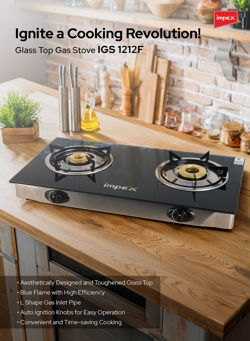 Impex - 2-Burner Glass Top Gas Stove - Aesthetically Designed Glass Top, High-Efficiency Blue Flame, Spill Tray, Ergonomic Knobs, Stainless Steel Screw, Compact Size IGS 1212F Black/Silver - Image 1