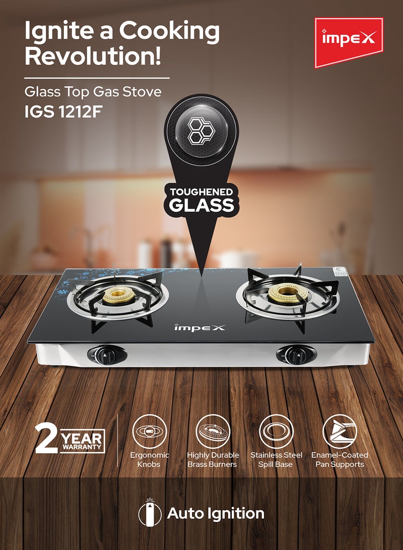 Impex - 2-Burner Glass Top Gas Stove - Aesthetically Designed Glass Top, High-Efficiency Blue Flame, Spill Tray, Ergonomic Knobs, Stainless Steel Screw, Compact Size IGS 1212F Black/Silver - Image 1