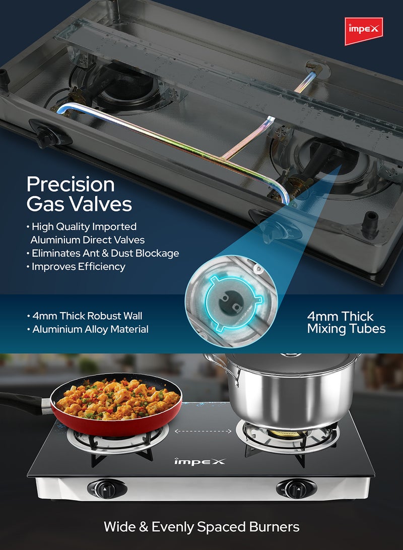 Impex - 2-Burner Glass Top Gas Stove - Aesthetically Designed Glass Top, High-Efficiency Blue Flame, Spill Tray, Ergonomic Knobs, Stainless Steel Screw, Compact Size IGS 1212F Black/Silver - Image 1