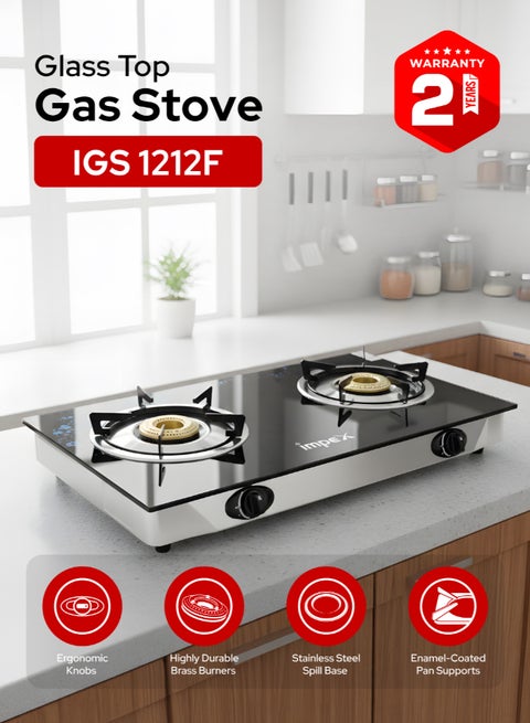 2-Burner Glass Top Gas Stove - Aesthetically Designed Glass Top, High-Efficiency Blue Flame, Spill Tray, Ergonomic Knobs, Stainless Steel Screw, Compact Size IGS 1212F Black/Silver
