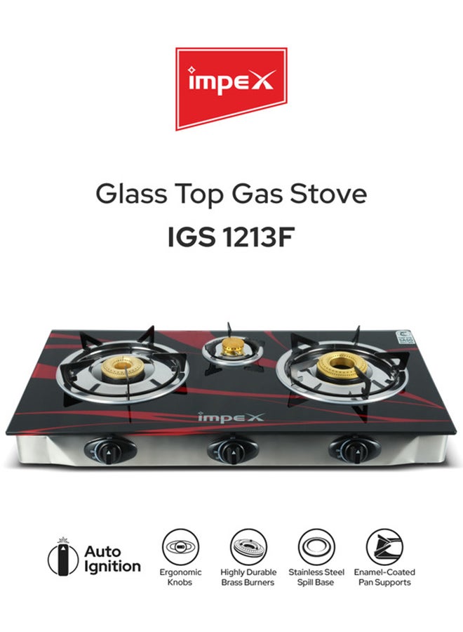 Impex 3 Burner Glass Top Gas Stove with FFD - Quality Pan Support, Brass Burners, Spill Tray, Auto Ignition, Toughened Glass, Flame Failure Device, Blue Flame, Ergonomic Knobs IGS 1213F Black/Red/Silver IGS 1213F Black/Red/Silver - Image 1