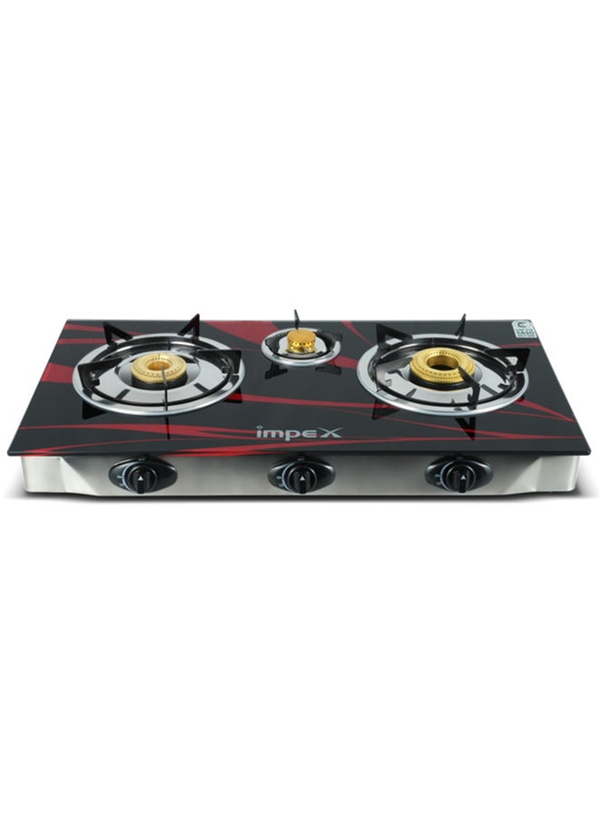 Impex 3 Burner Glass Top Gas Stove with FFD - Quality Pan Support, Brass Burners, Spill Tray, Auto Ignition, Toughened Glass, Flame Failure Device, Blue Flame, Ergonomic Knobs IGS 1213F Black/Red/Silver IGS 1213F Black/Red/Silver - Image 2