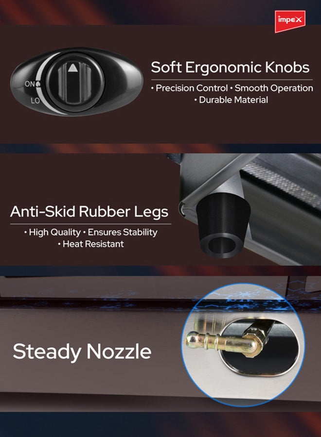 إمبكس موقد غاز بسطح زجاجي بثلاث شعلات مزود بخاصية أمان IGS 1213F أسود/ أحمر/ فضي - Image 5