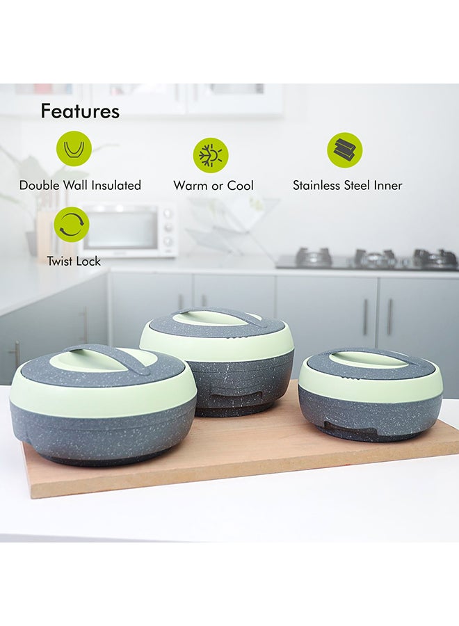 Royalford RF9731 3Pcs 1.5L, 2.5L & 3.5L Cosmos Insulated Casserole Set | Super PU Insulation Hot Pot with Stainless Steel Inner Casing | Dishwasher Safe | Serving Dishes with Lids | Hot Food Storage Container & Warmers Grey & Light Green 1.5L, 2.5L, 3.5LLiters - Image 2