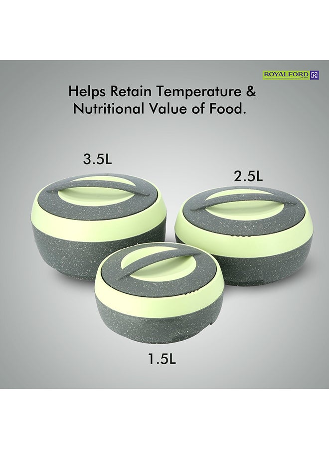 Royalford RF9731 3Pcs 1.5L, 2.5L & 3.5L Cosmos Insulated Casserole Set | Super PU Insulation Hot Pot with Stainless Steel Inner Casing | Dishwasher Safe | Serving Dishes with Lids | Hot Food Storage Container & Warmers Grey & Light Green 1.5L, 2.5L, 3.5LLiters - Image 1