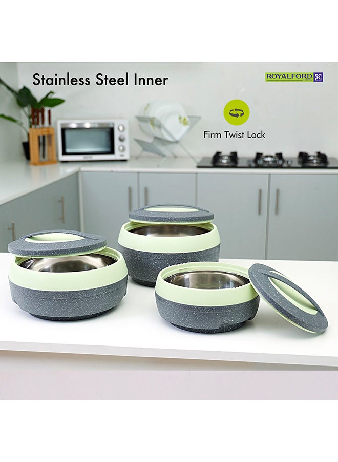 Royalford RF9731 3Pcs 1.5L, 2.5L & 3.5L Cosmos Insulated Casserole Set | Super PU Insulation Hot Pot with Stainless Steel Inner Casing | Dishwasher Safe | Serving Dishes with Lids | Hot Food Storage Container & Warmers Grey & Light Green 1.5L, 2.5L, 3.5LLiters - Image 3