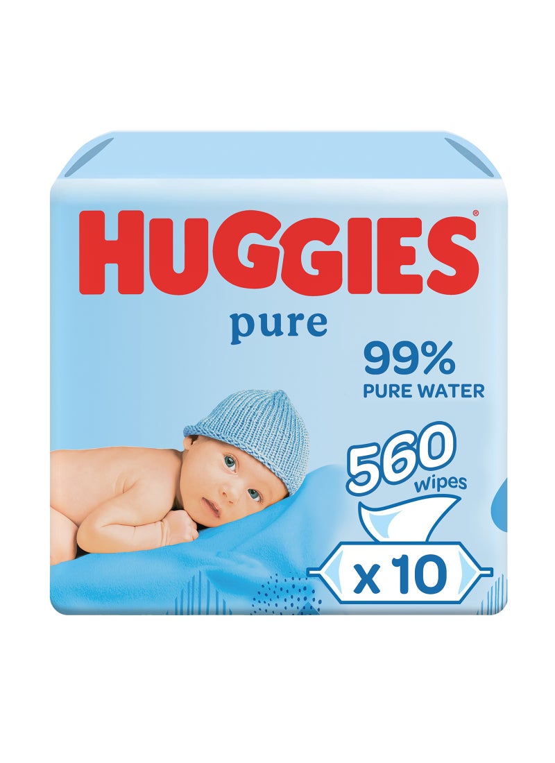 Huggies Pure Baby Wipes, 99% Pure Water Wipes, 10 Pack x 56 Wipes, 560 Count  - Image 1