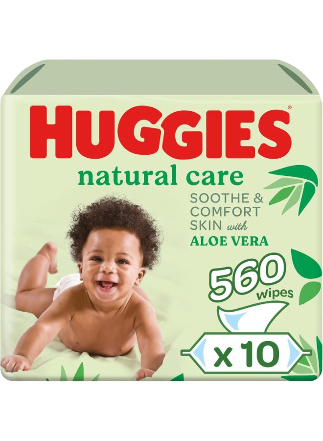 HUGGIES Natural Care Aloe Vera Baby Wipes, Pack of (10 x 56 Wipes), Enriched with Pure Aloe Vera, Made from Natural Plant-Based Fibers, Safe and Gentle, Paraben & Alcohol Free - Image 1