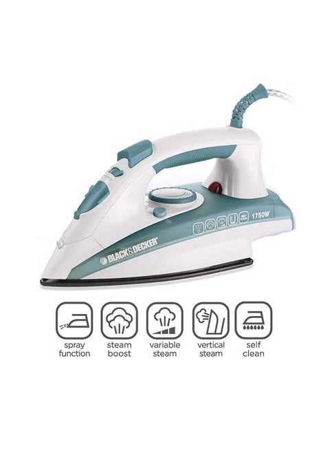 Steam Iron, Ceramic Coated Soleplate, Anti-Calc Drip, Self-Clean, Auto Shutoff, Vertical Steaming, Non-Stick Sole, Removes Stubborn Creases, 220 ml 1750 W X1600-B5 Blue/White