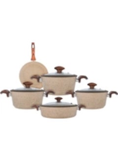FALEZ Granite cookware set with silicone fall glass lid, 9 pieces, light wooden handle, Turkish - light brown brown 1meter  - Image 1