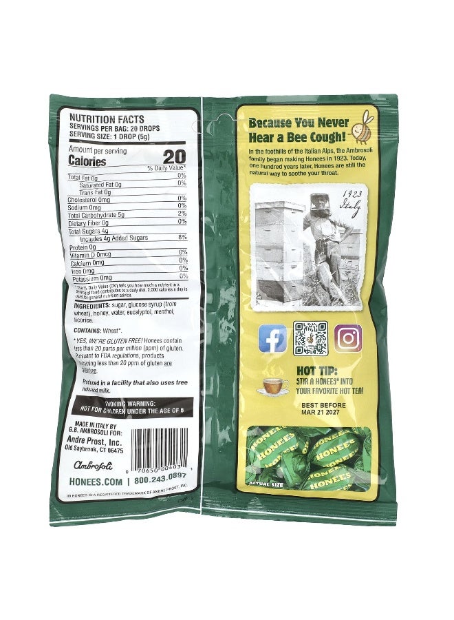 Honees Soothing Throat Drops With Honey Menthol & Eucalyptus 20 Pieces 3.5 Oz 100 G - Image 2