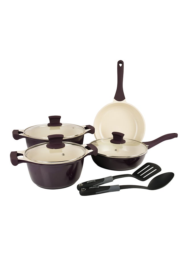 Prestige 9-Piece Ceramic Design Bakelite Handle With Soft Touch Non Slip Cookware Set Includes 2xCasseroles 26 cm, 20 cm, 1xSaute Pan 24 cm, 1xFrypan 24 cm, 2xTurner, 3xGlass Lids Purple 24cm  - Image 1