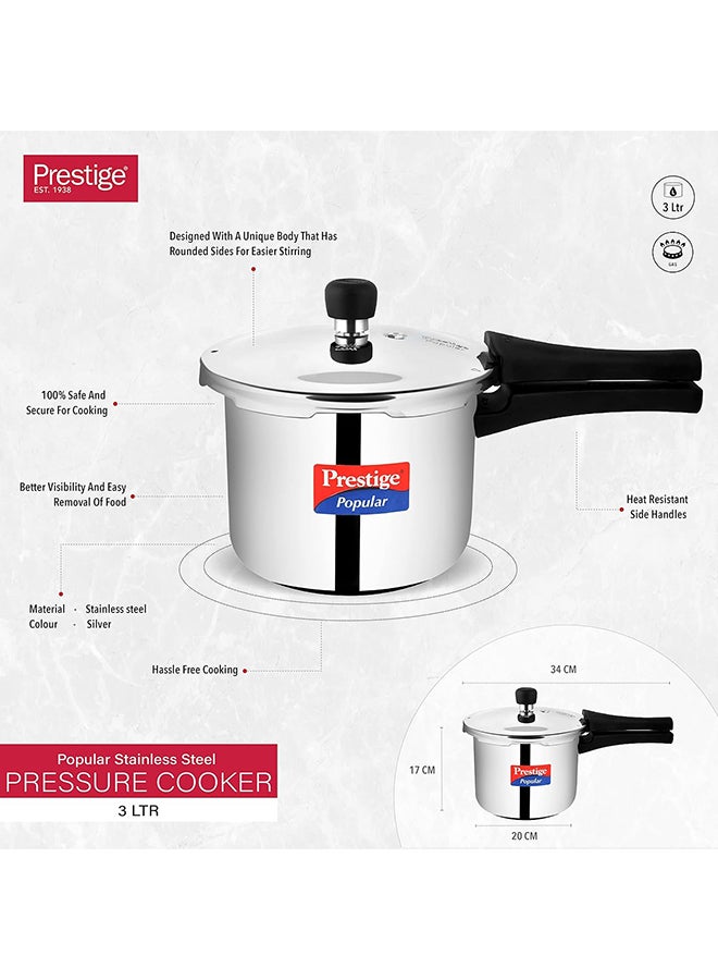 Prestige - Popular Stainless Steel Pressure Cooker,Durable Induction Compatible Cooker with Polished Surface For Quick Heating Silver 3Liters - Image 1