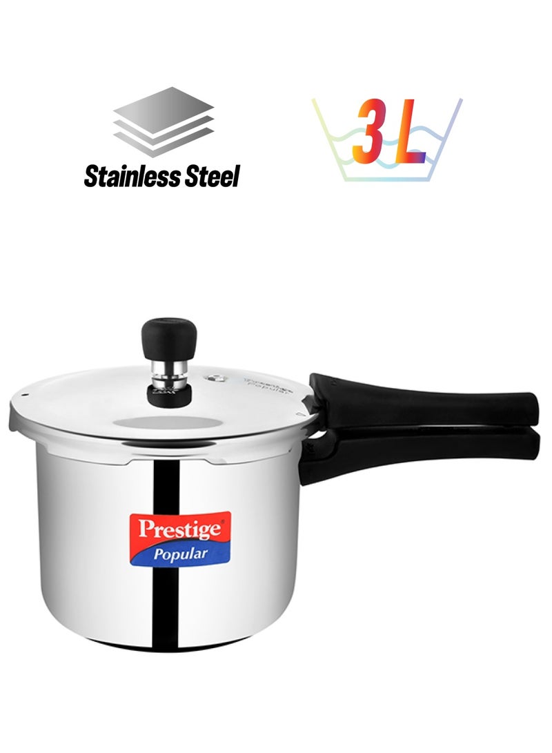 Prestige Popular Stainless Steel Pressure Cooker,Durable Induction Compatible Cooker with Polished Surface For Quick Heating Silver 3Liters - Image 1