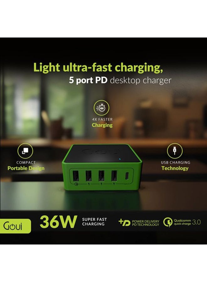 Goui - Kimba Light Powerful Desktop 5-Port Charger Black/Green - Image 1