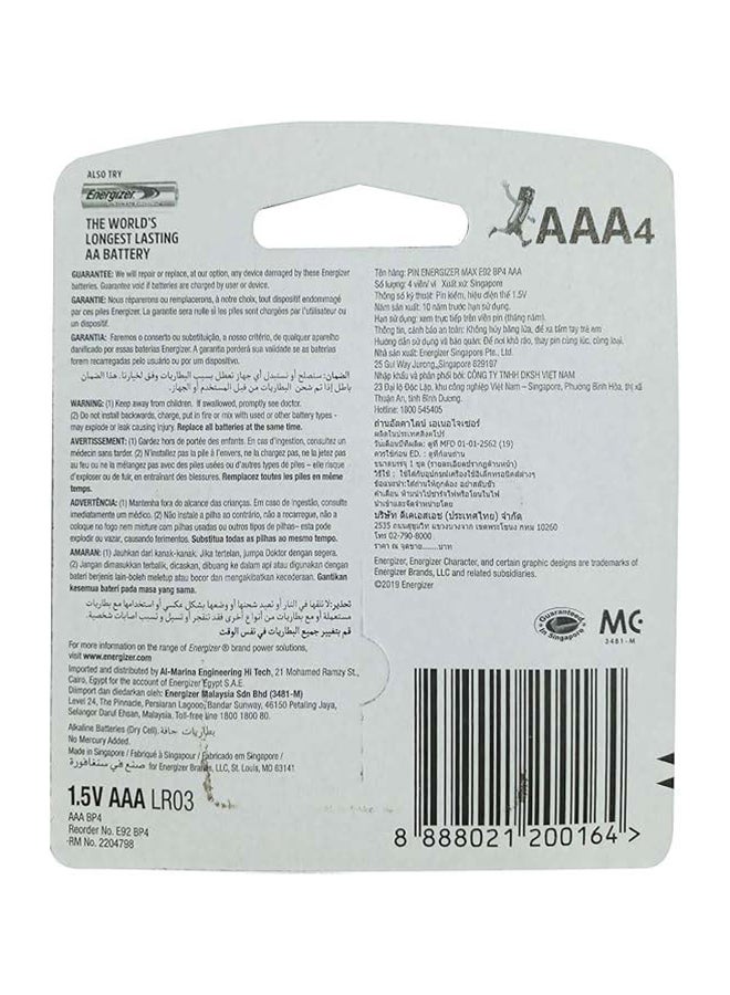 Energizer - Energizer Max Alkaline AAA Batteries - Pack Of 4 Silver/Black/Red - Image 1