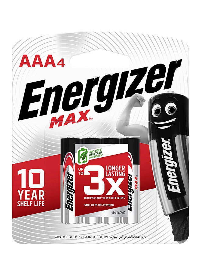 Energizer - Energizer Max Alkaline AAA Batteries - Pack Of 4 Silver/Black/Red - Image 1