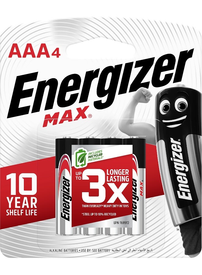 Energizer Max Alkaline AAA Batteries – Pack of 4 Silver/Black/Red - Image 1