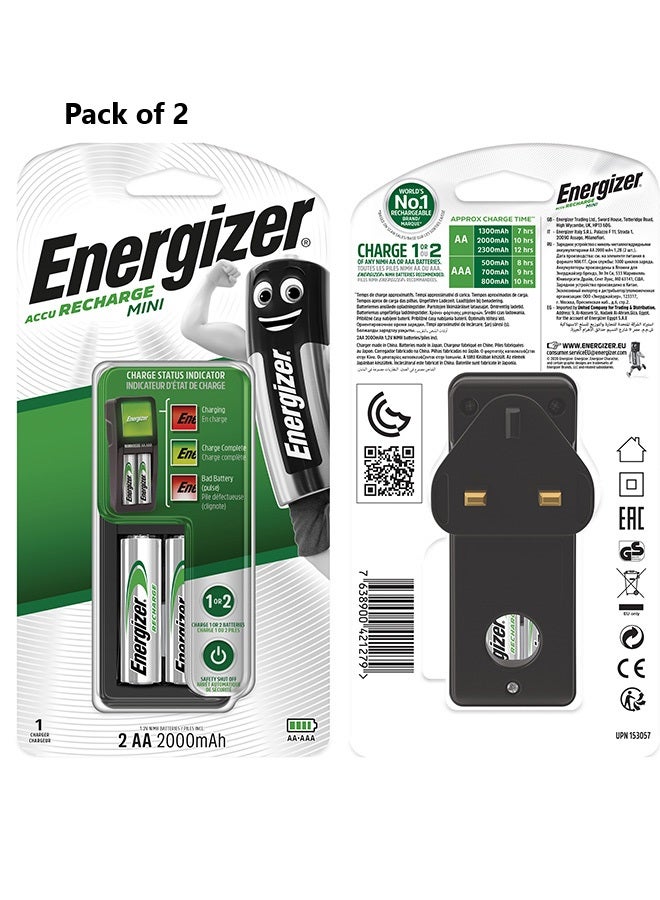Energizer - Energizer Mini Battery Charger with 2 AA Rechargeable Batteries [Port- 2] Silver - Image 1