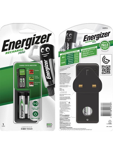 Energizer Mini Battery Charger with 2 AAA Rechargeable Batteries [Port- 2] Black/Silver