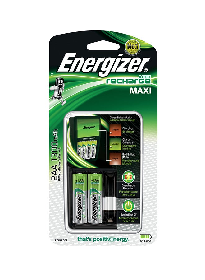 Energizer - Energizer Charger Maxi for AA & AAA Batteries With 2 AA Rechargeable Batteries Silver/Black/Green - Image 1