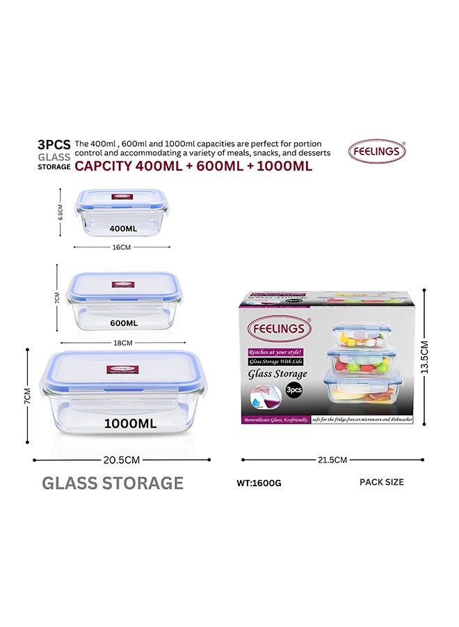 Feelings - 3-Piece Glass Food Storage Set Clear/Blue 21x16x15cm - Image 1