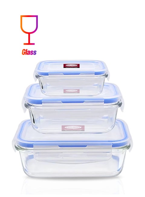 3-Piece Glass Food Storage Set Clear/Blue 21x16x15cm