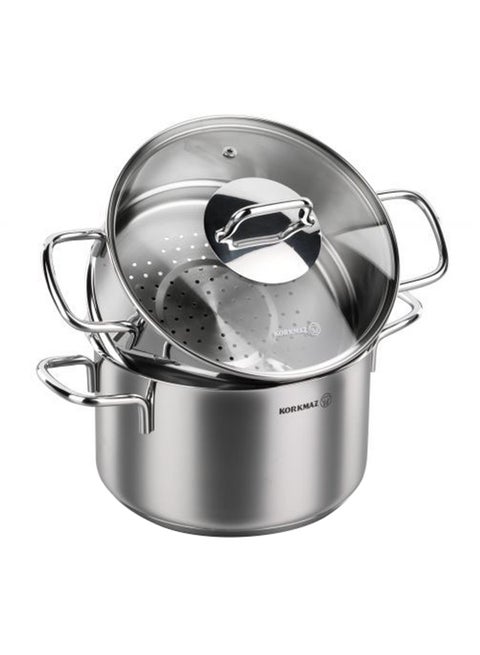 Perla Satinless Steel Couscous Set | Pot 24x15.2 cm / 6.9 lt | Couscous Pot 24x11.7 cm / 5.2 lt | Silver - KA1522 Silver/Clear 24 x 15.2cm