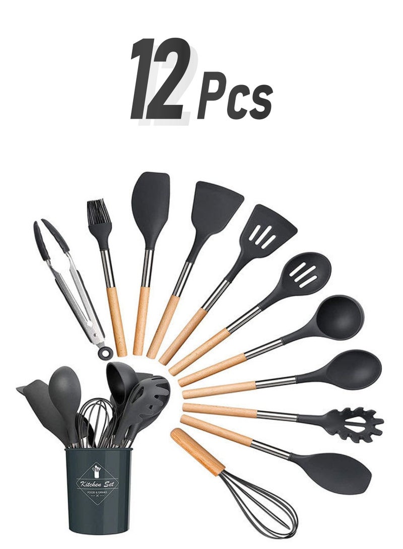 Generic 12-Piece Cooking Utensils Kitchen Set Black and Wood  - Image 1