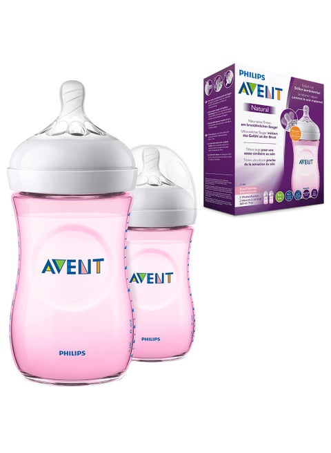 2-Piece Natural Feeding Baby Ultra Soft Nipple Bottle Set For 1 Month+ Babies, 260 ml, Pink And White