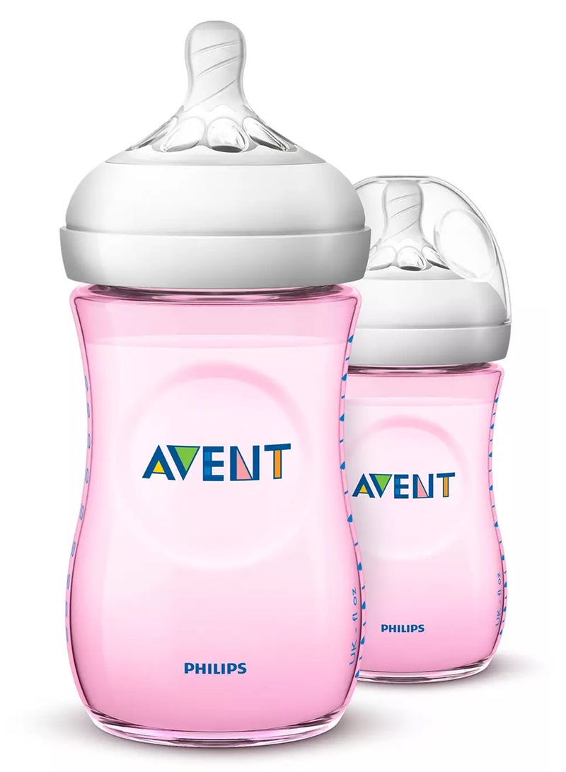 2-Piece Natural Feeding Baby Ultra Soft Nipple Bottle Set For 1 Month+ Babies, 260 ml, Pink And White