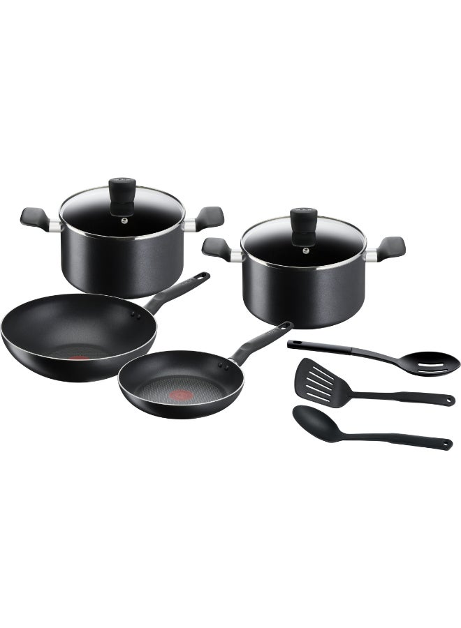 TEFAL Cookware Set of 9 PCs |Super Cook| frypan 24 cm/wokpan 28 cm/stewpots 22/24 cm/spoon/slotted spoon/slotted spatula | Aluminium Non-Stick with Thermo Signal | Black | 2 Years Warranty | B459S984 Black 24,28,22,24cm - Image 1