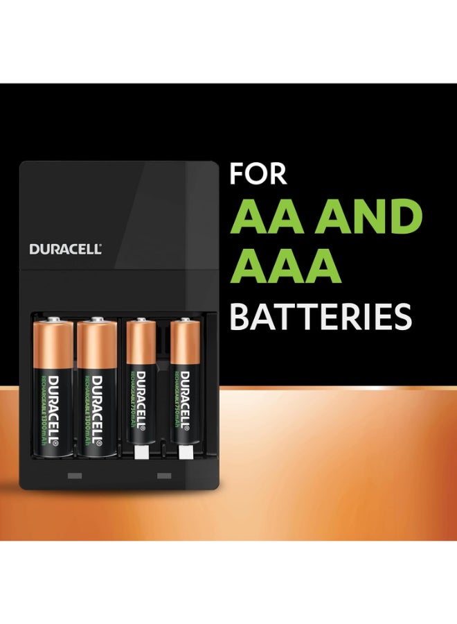 Duracell Hi Speed Battery Charger - 2 AA 1300 mAH and 2 AAA 750 mAH Charging Slots Recharge in 4 Hours - Batteries Included in Pack Black/Gold - Image 2