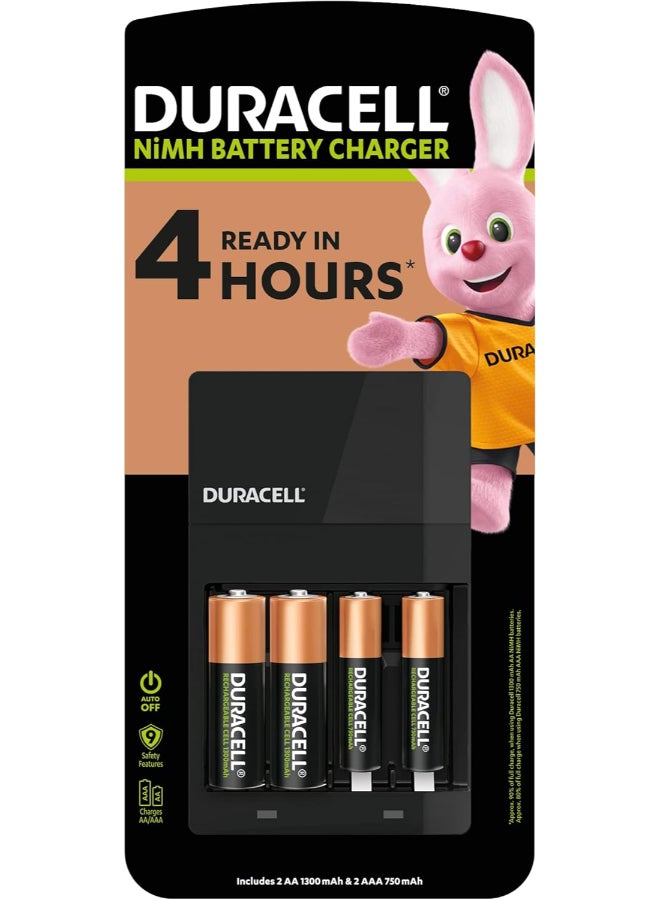 Duracell Hi Speed Battery Charger - 2 AA 1300 mAH and 2 AAA 750 mAH Charging Slots Recharge in 4 Hours - Batteries Included in Pack Black/Gold - Image 1