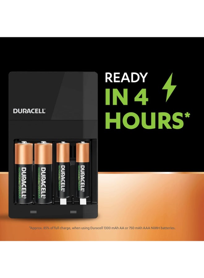 Duracell Hi Speed Battery Charger - 2 AA 1300 mAH and 2 AAA 750 mAH Charging Slots Recharge in 4 Hours - Batteries Included in Pack Black/Gold - Image 4