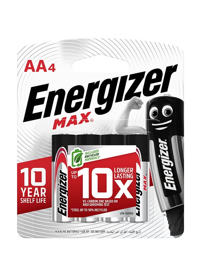 Energizer Max Alkaline AA Batteries – Pack of 4 Black/Silver - Image 1