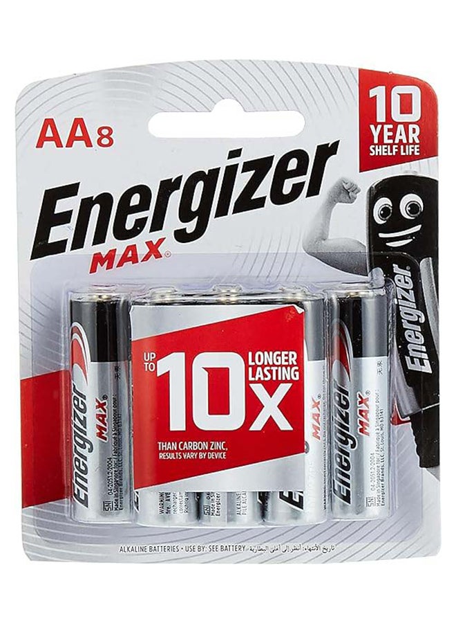 Energizer Max Alkaline AA Batteries - Pack Of 8 Silver/Black 