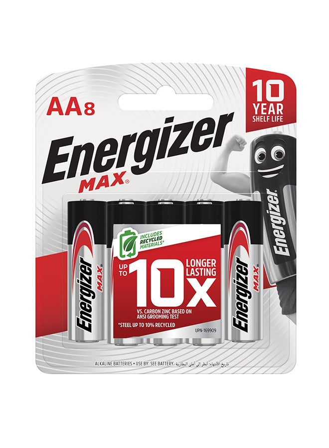 Energizer Max Alkaline AA Batteries - Pack Of 8 Silver/Black 