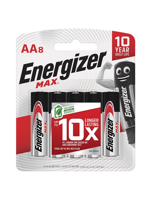Energizer Max Alkaline AA Batteries - Pack Of 8 Silver/Black