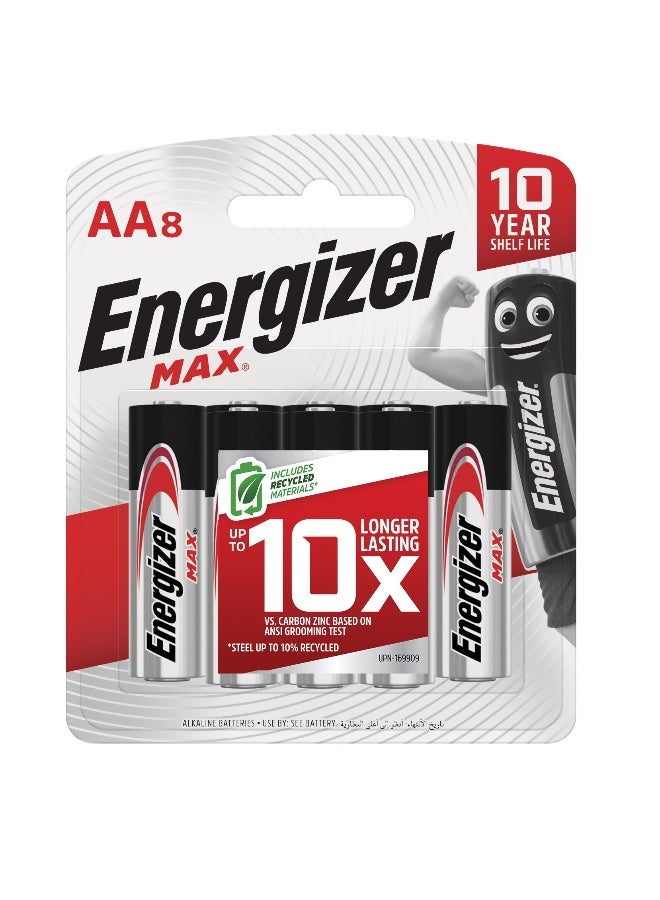 Energizer Max Alkaline AA Batteries – Pack of 8 Silver/Black - Image 1